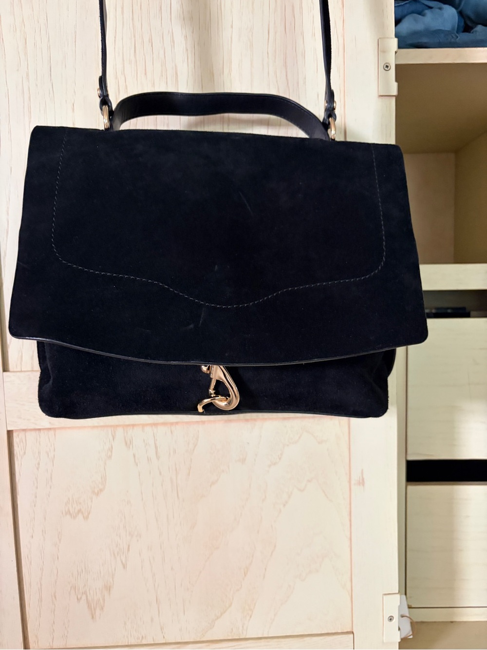 Rebecca Minkoff Black Suede Top-Handle Satchel with Gold Hardware